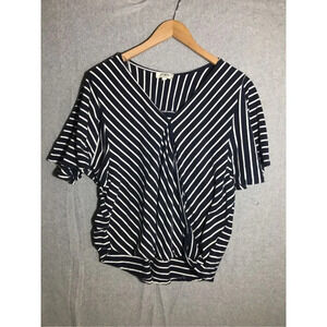Womens Umgee Blouse Navy Blue White Stripes Twist Front Flowy Sleeve Casual